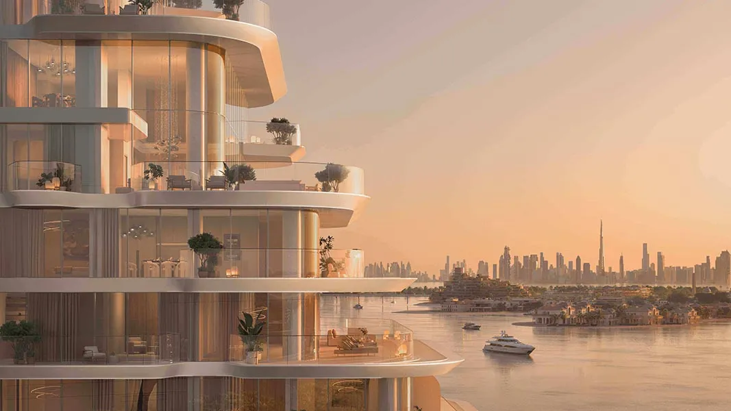 Terraced beige buildings at sunset