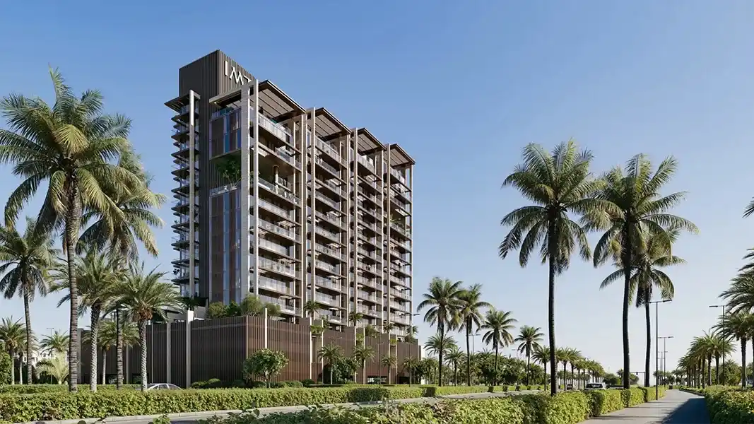 Modern residential towers with palm trees