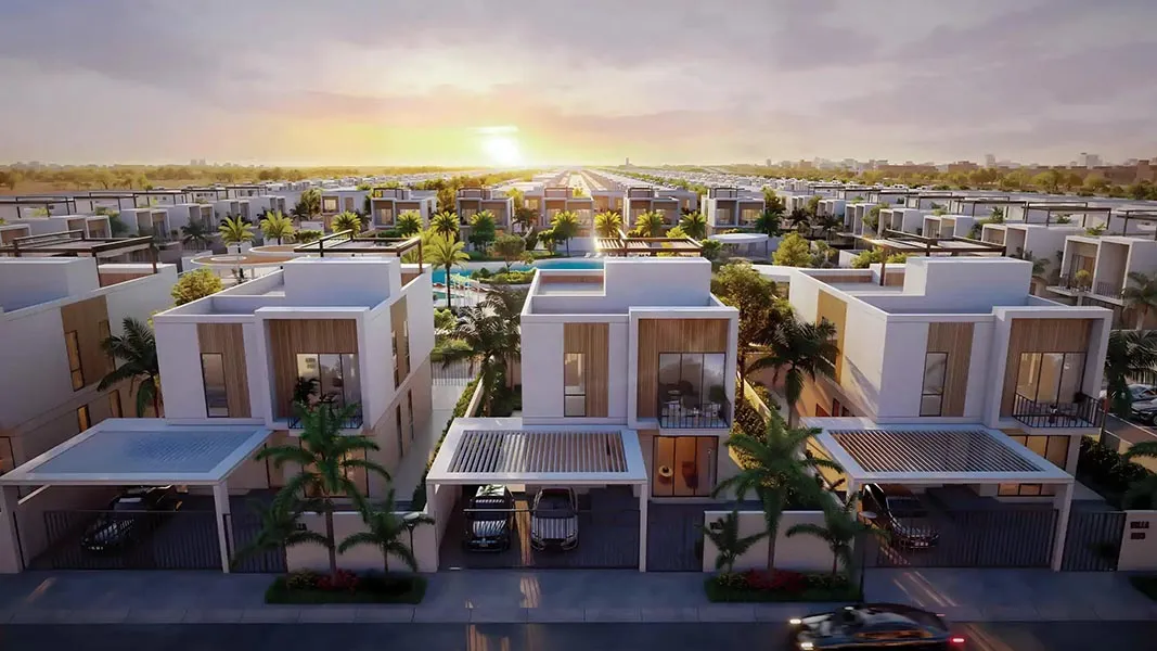 Sunset view of modern townhouses