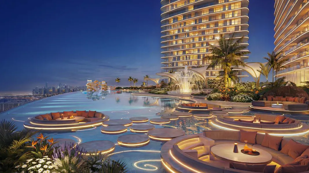 Evening poolside luxury towers